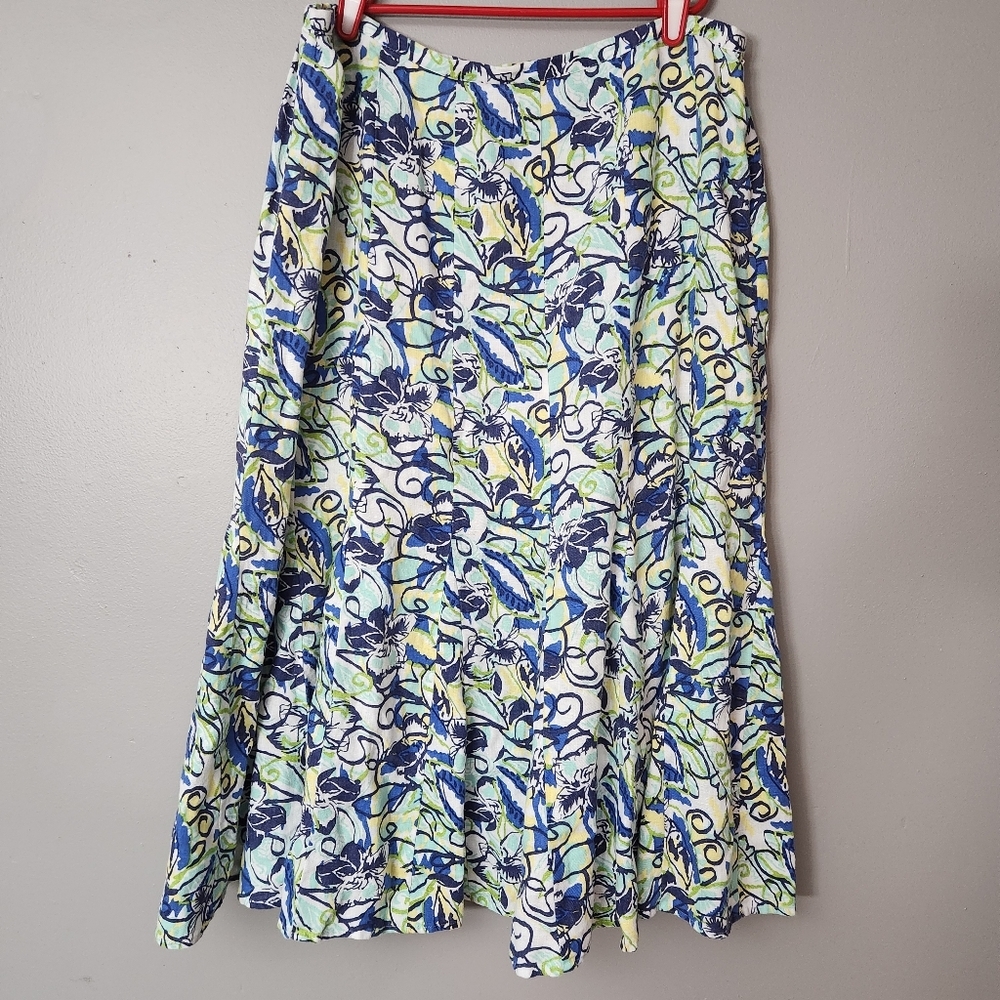 JM Collection 100% Linen Midi Skirt Women’s 14P Blue/white Floral